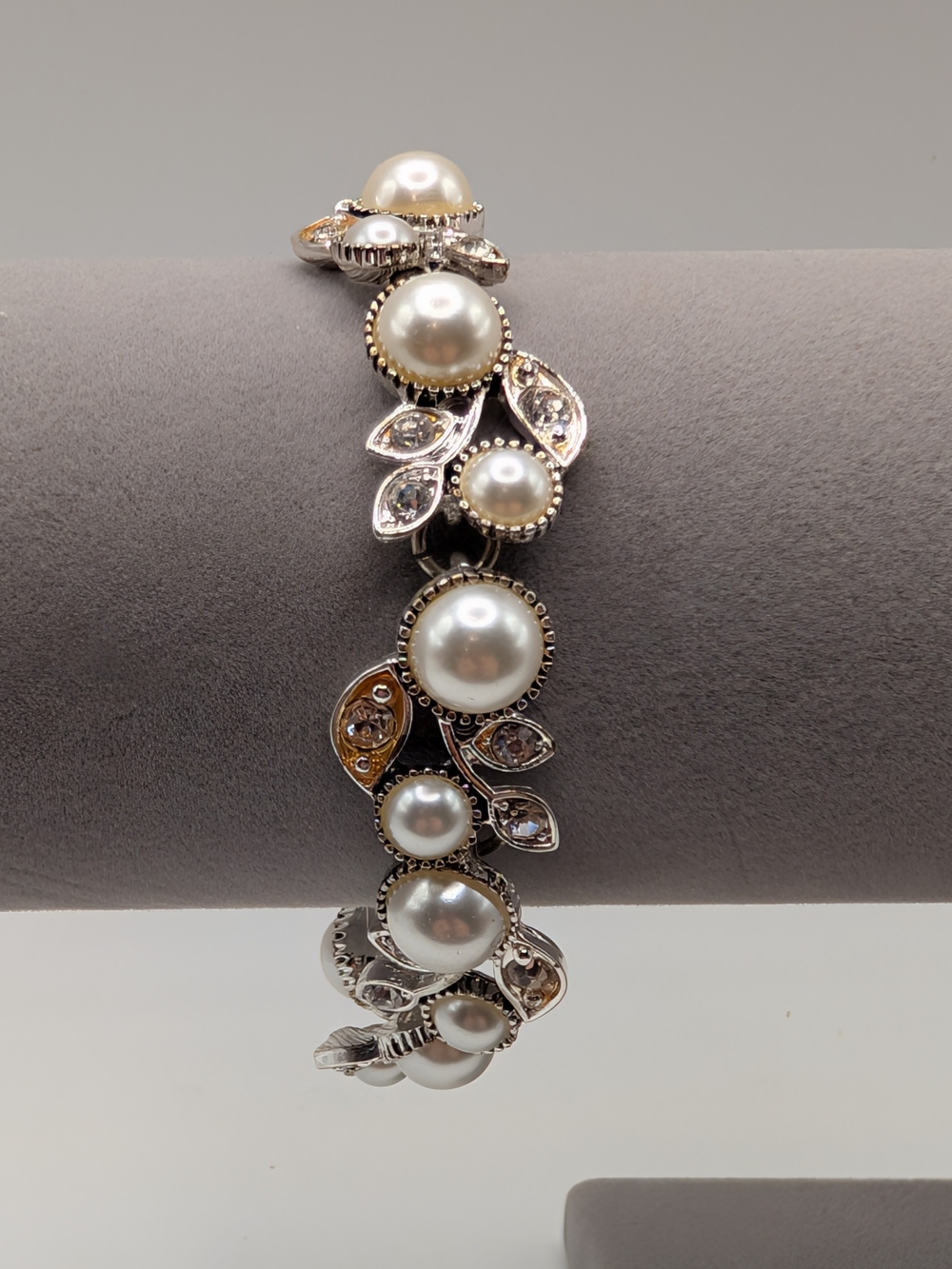 Elegant Pearl and Crystal Leaf Costume Bracelet - Silver Tone